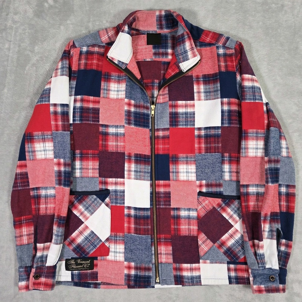 Vermont Flannel Co. Patchwork Chore Jacket Women L Organic Plaid Full Zip R,W,&B